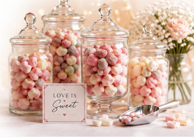 A wedding sweet table with colourful treats